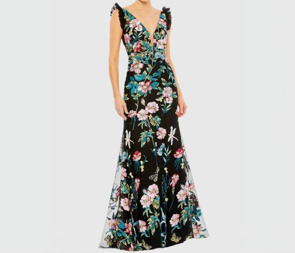 NEW MAC DUGGAL embroidered floral plunge-neck trumpet gown in black